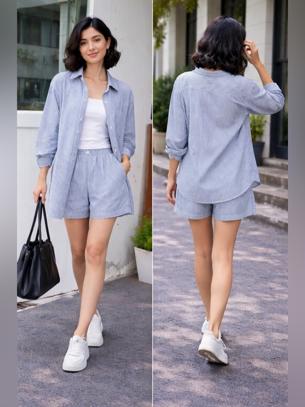 Women's High-Waist Striped Blue Shorts - Casual Elastic Waist